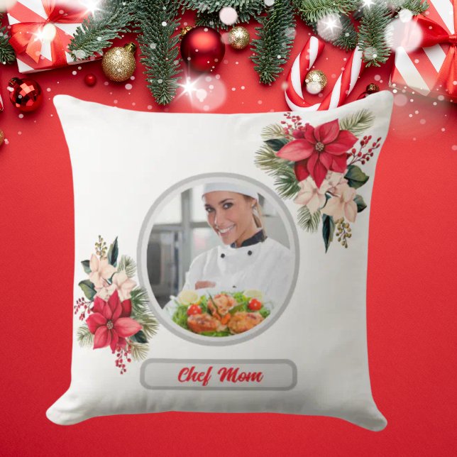 Christmas Floral Personalized Chef Mom Photo Throw Pillow (Creator Uploaded)