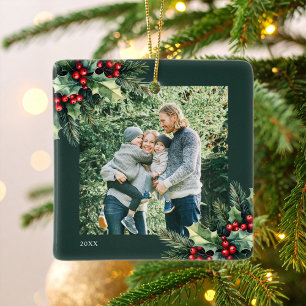 Christmas Floral Photo Ceramic Ornament