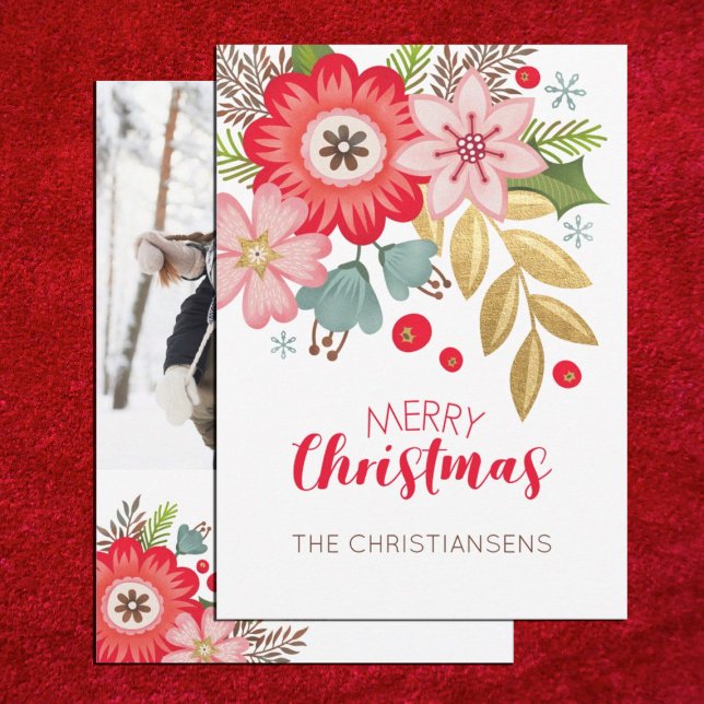 Christmas Floral Photo Greeting Card (An elegant floral Christmas card. Add your photo and message on the back)