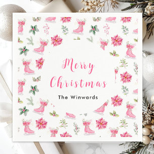 Christmas Floral Pink Ice Skates Merry Christmas Napkin
