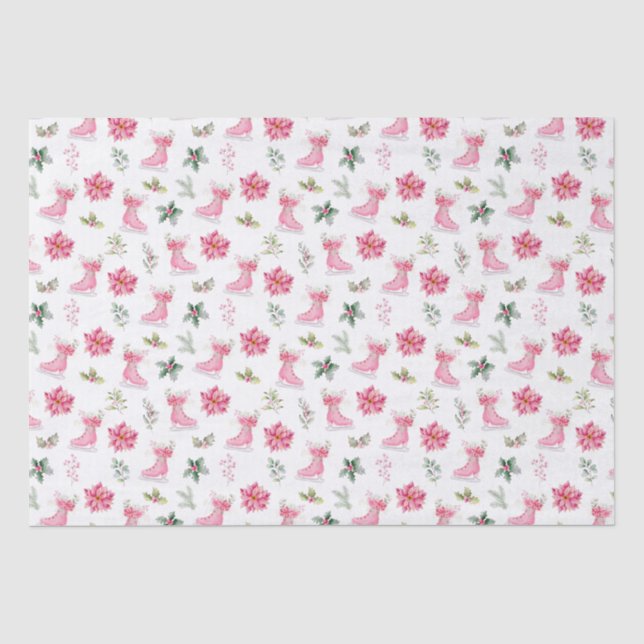 Christmas Floral Pink Ice Skates Tissue Paper (Front)