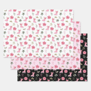 Christmas Floral Pink Ice Skates Wrapping Paper Sheet