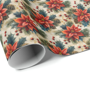 Christmas Floral Poinsettia Holiday Wrapping   Paper