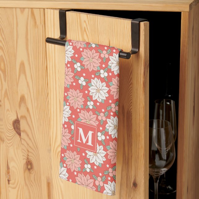 Christmas Floral Poinsettia Holly Custom Kitchen Towel (Thirds Fold)