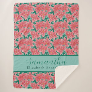 Christmas Floral Poinsettia Personalized Name Sherpa Blanket