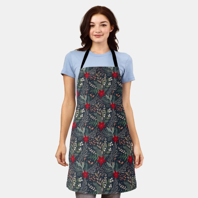 Christmas Floral Poinsettia Winter Heather Apron (Worn)