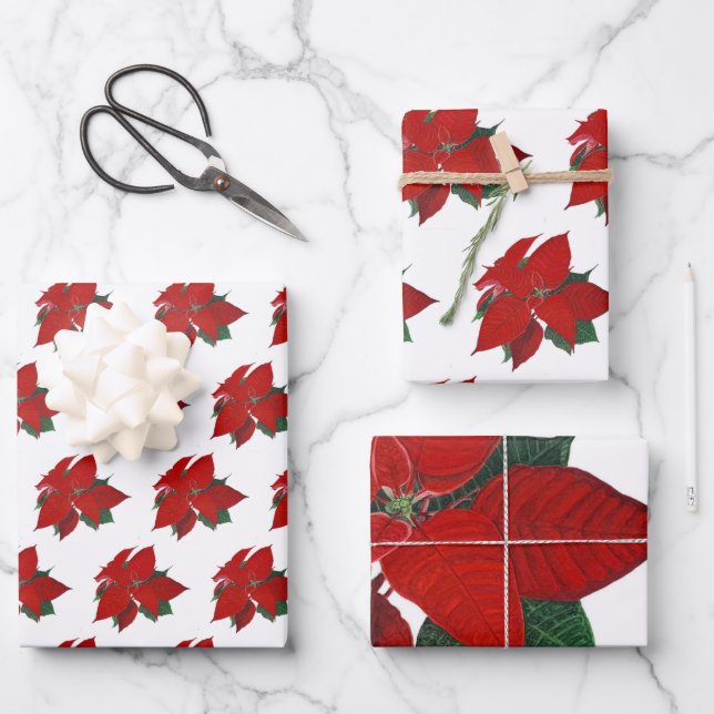 Christmas Floral Poinsettia Wrapping Paper Sheet (Front)