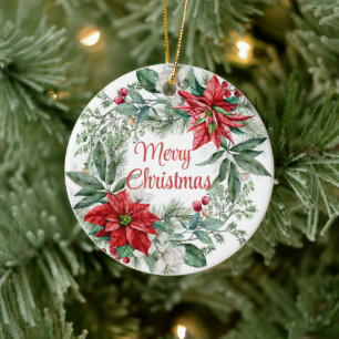 Christmas Floral Poinsettia Wreath Merry Christmas Ceramic Ornament