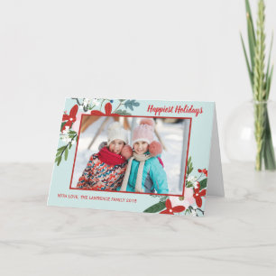 Christmas Floral Red Aqua Holiday Photo Card