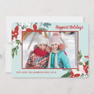 Christmas Floral Red Aqua Holiday Photo Card