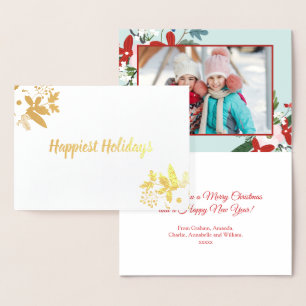 Christmas Floral Red Aqua Holiday Photo Foil Card