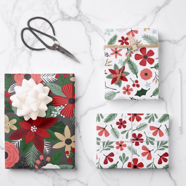 Christmas Floral Red Green Berries Wrapping Paper Sheet (Front)