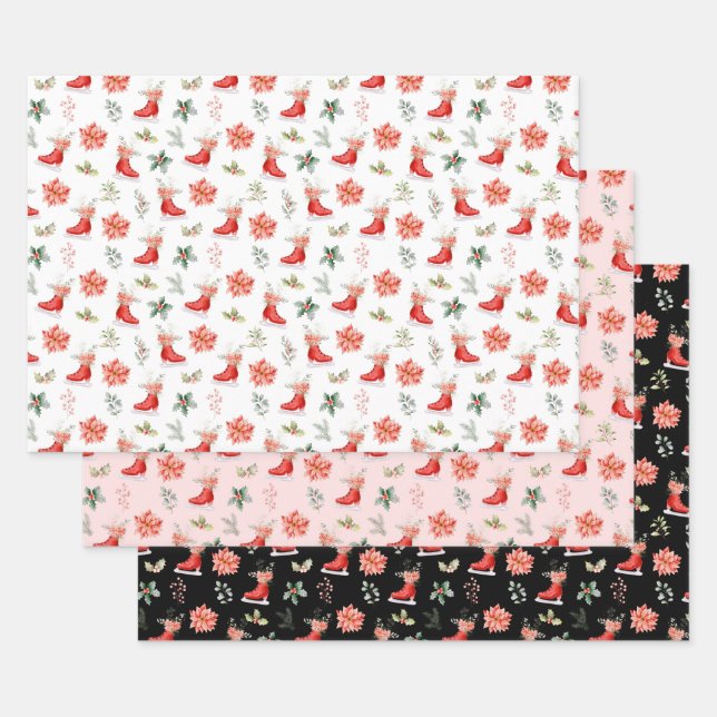 Christmas Floral Red Ice Skates Wrapping Paper Sheet (Set)