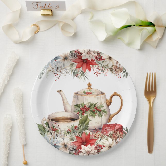 Christmas Floral Tea Holiday Party Paper Plate (Wedding)