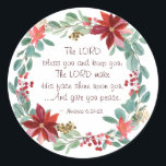 Christmas Floral The Lord Bless You Bible Verse Classic Round Sticker<br><div class="desc">Inspirational Christmas sticker depicts an elegant watercolor floral wreath with red and pink Poinsettias,  Eucalyptus greenery,  and berries. It features Bible Verse Numbers 6 24-26 "The Lord bless you and keep you; The Lord make His face shine upon you,  ... And give you peace." _</div>