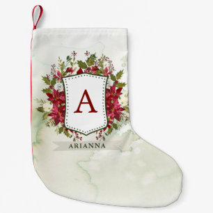 Christmas Floral Watercolor Crest Monogram Small Christmas Stocking