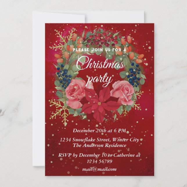 Christmas floral watercolor wreath red poinsettia invitation (Front)