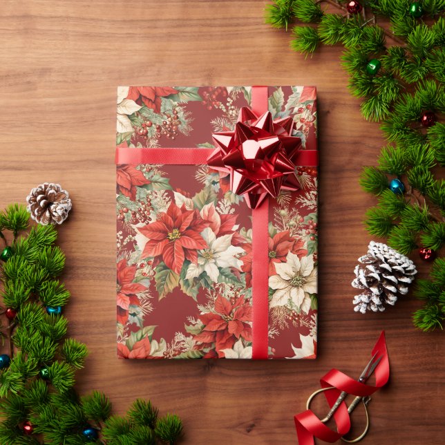 Christmas Floral Winter Large Poinsettias Burgundy Wrapping Paper (Holiday Gift)