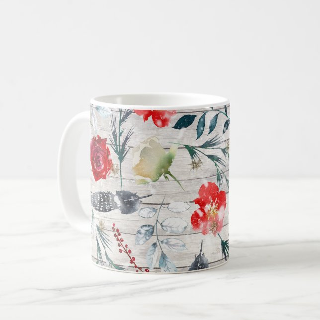 Christmas Floral Wooden Planks Coffee Mug (Front Left)