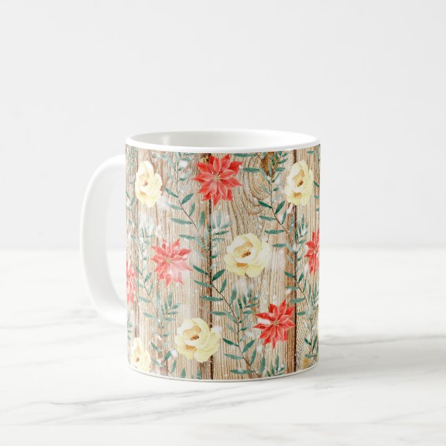 Christmas Floral Wooden Planks Coffee Mug (Front Left)