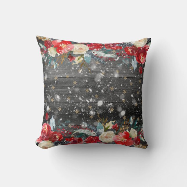 Christmas Floral Wooden Planks Throw Pillow (Front)
