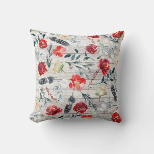 Christmas Floral Wooden Planks Throw Pillow
