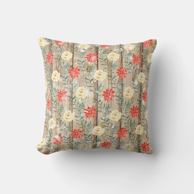 Christmas Floral Wooden Planks Throw Pillow (Front)