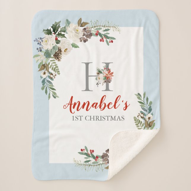 Christmas floral wreath floral monogram sherpa blanket (Front)