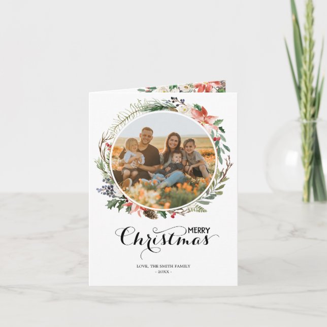 Christmas Floral Wreath Season's Greetings 2 Photo Holiday Card (Front)