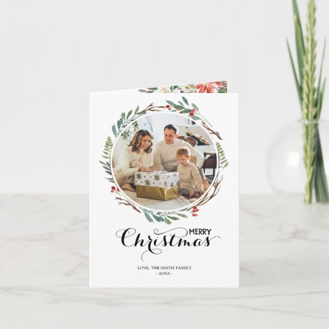 Christmas Floral Wreath Season's Greetings 3 Photo Holiday Card (Front)