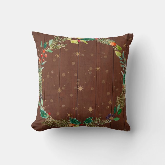 Christmas Floral Wreath Wooden Planks Throw Pillow (Front)