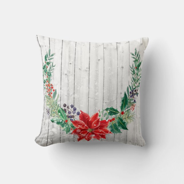 Christmas Floral Wreath Wooden Planks Throw Pillow (Front)