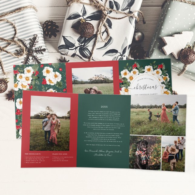 Christmas Florals | Red & Green Botanical 5 Photo Tri-Fold Invitation (Creator Uploaded)