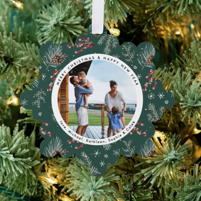 Christmas Florals | Red & Green Botanical Photo Ornament Card (Insitu (Tree))