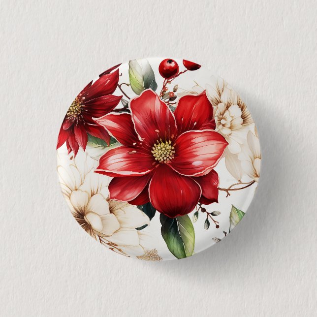 Christmas Flower Poinsettia Red Green Pattern 1 Inch Round Button (Front)