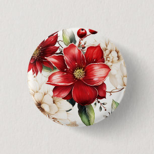 Christmas Flower Poinsettia Red Green Pattern 1 Inch Round Button