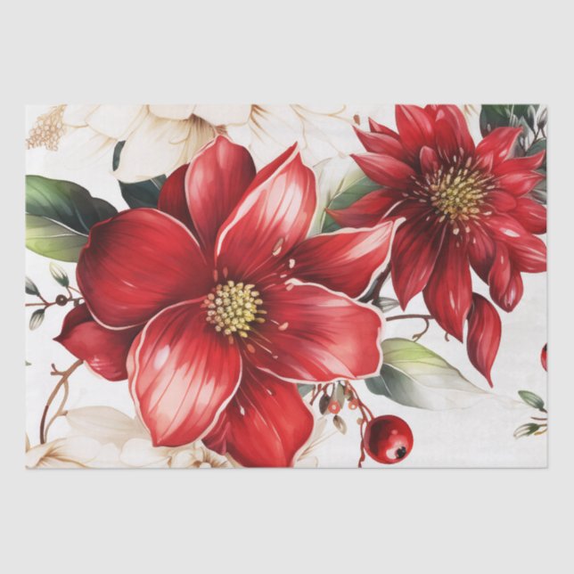 Christmas Flower Poinsettia Red Green Pattern Tissue Paper (Front)