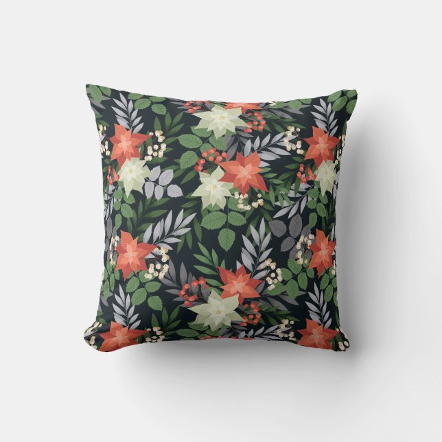 Christmas Flowers and Greenery Throw Pillow (Front)