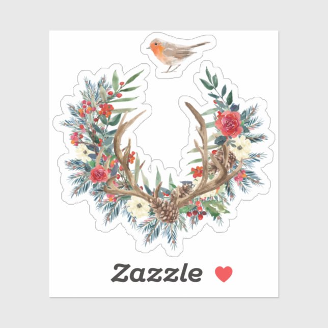 Christmas flowers & antlers wreath red Robbin bird (Sheet)