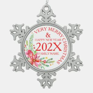 Christmas Flowers Bouquet & Text Template Snowflake Pewter Christmas Ornament
