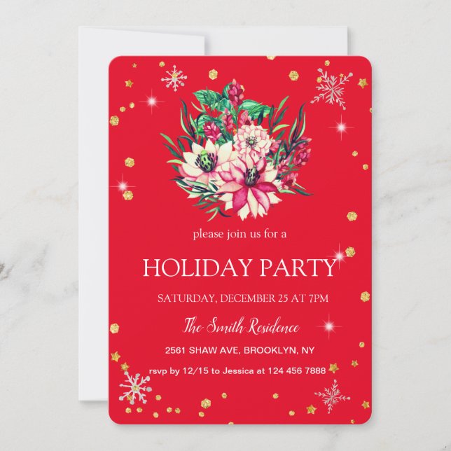 Christmas Flowers Diamonds Cute Red Invitation (Front)