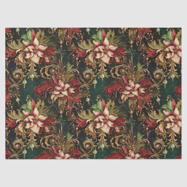 Christmas Flowers on Green Decoupage Tissue Paper (Front)