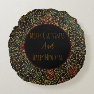 Christmas Flowers Pattern, New Year Celebrate, Round Pillow