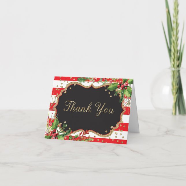 Christmas Flowers Red Black Gold Glitter Confetti Thank You Card (Front)