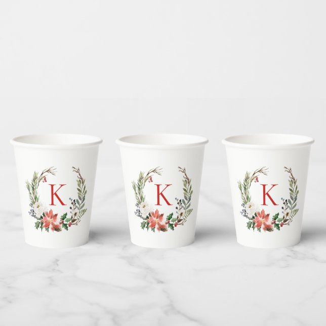 Christmas Flowers Wreath Custom Monogram Paper Cups (Multi)