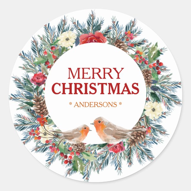 Christmas flowers wreath Robin Birds Classic Round Sticker (Front)
