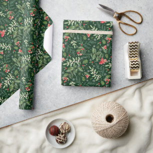 Christmas foliage berries mistletoe and holly wrapping paper