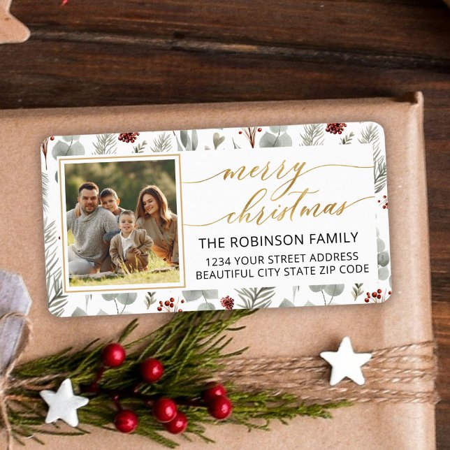 Christmas Foliage Gold Script Photo Return Address Label (Creator Uploaded)