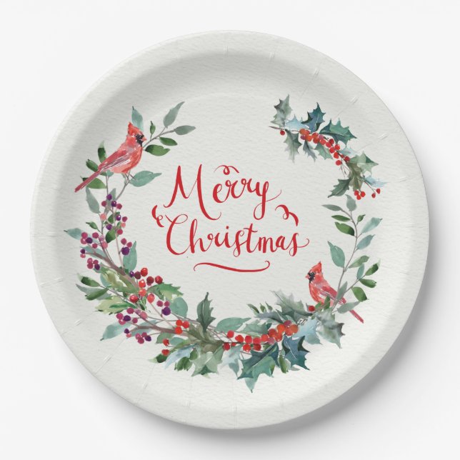 Christmas foliage, holly, Cardinal bird Paper Plate (Front)