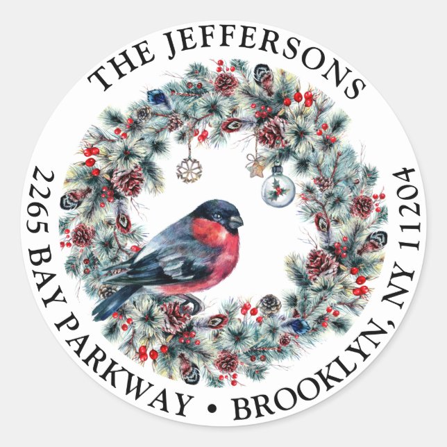 Christmas Foliage & Red Bird Return Address Classic Round Sticker (Front)